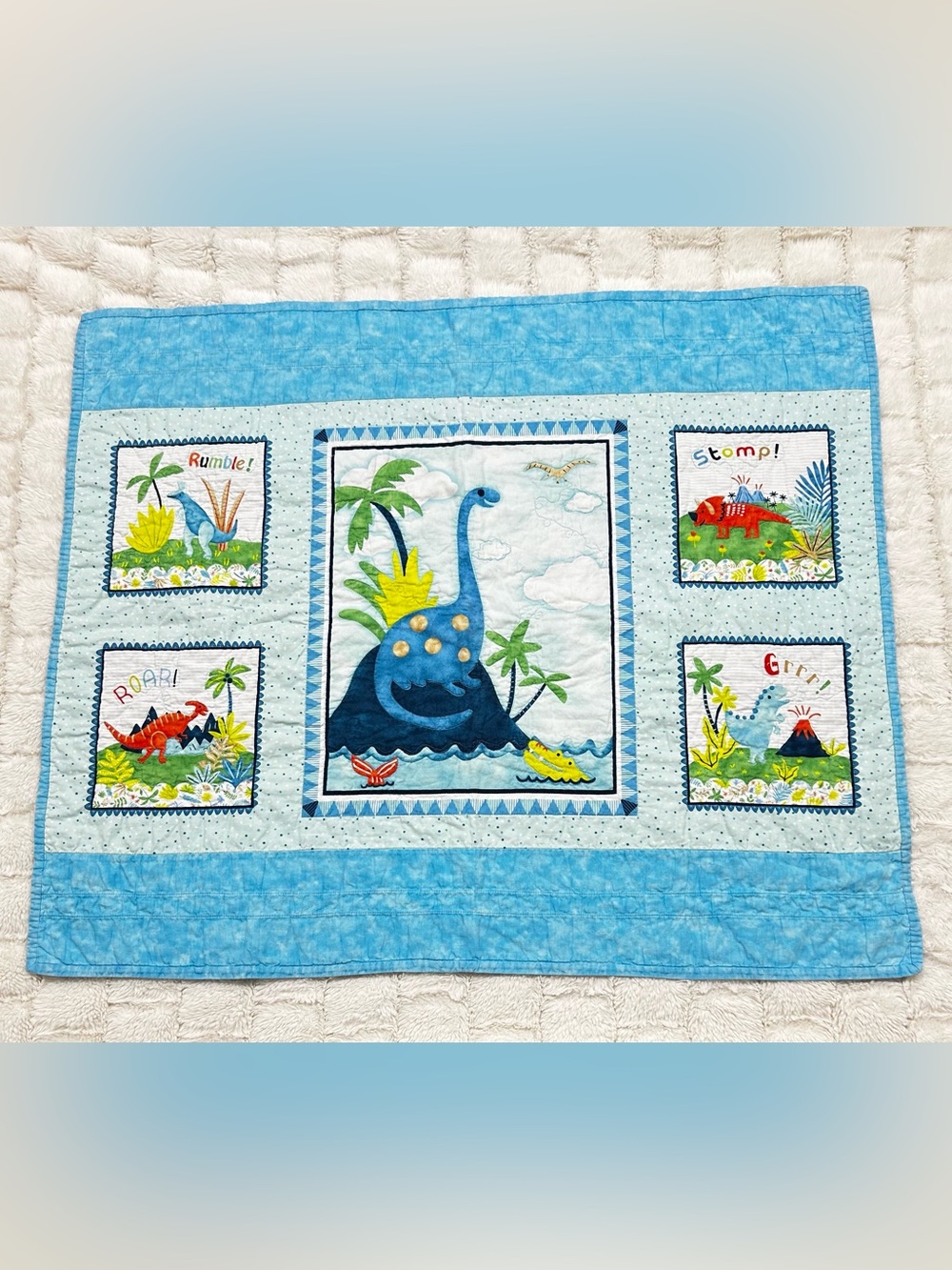 Hear Me‎ Roar Blue Dino Panel Baby Quilt Accent Blanket